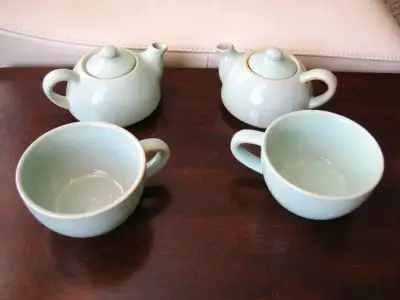 6 Pc Mint Green Pier One Stoneware Stackable Tea Pot & Cup Set, View more