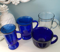 Vintage Anchor Hocking glass mugs - cobalt blue & clear