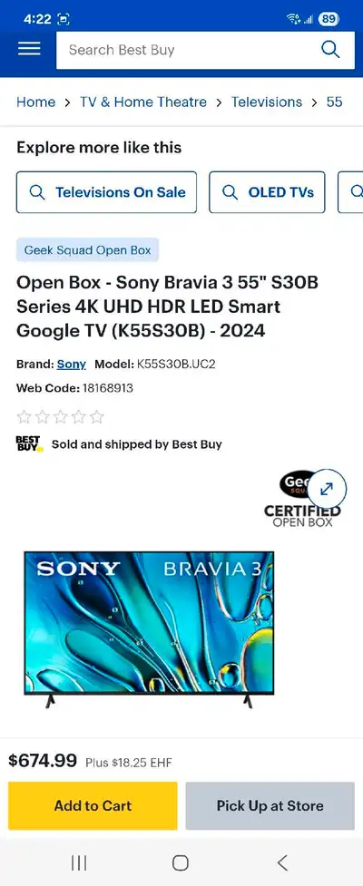 (2024) Sony Bravia 3 65" 4K UHD HDR LED Smart Google TV, View more