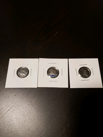 three 2021 dimes from mint roll including coloured bluenose dime, View more