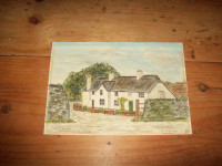 Antique original English watercolor white cottage