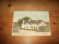 Antique original English watercolor white cottage