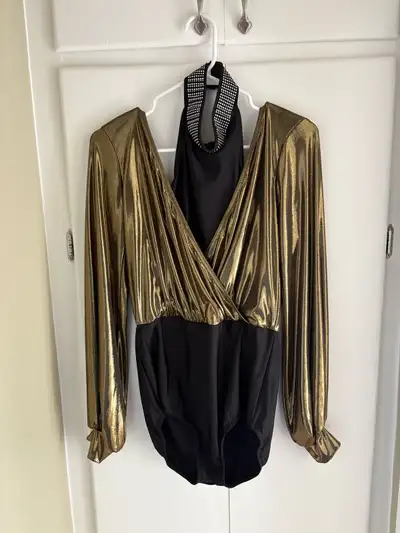 Gold and black dance costume. Worn only a couple times. Black bodysuit with gold sleeves. Size Large...
