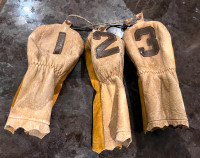 3 VERY OLD LEATHER GLOF CLUB HEAD COVERS  for WOODS 1,2 and 3