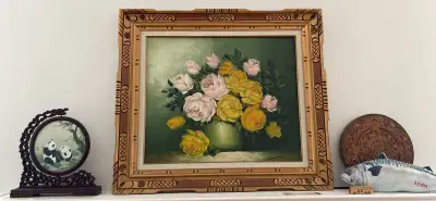 About 70cm x 80cm Add a touch of timeless beauty to your home with this vintage floral oil painting!...