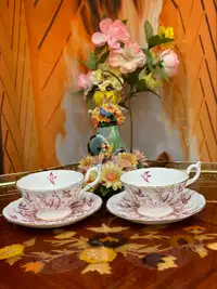 Vintage Bone China Wide Mouth tea 2 pink  cups & saucers- Coalpo