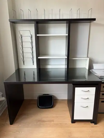 Desk with shelving and cabinet, View more