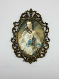 Victorian Italian metal frame with lady Potrait, large 10” size
