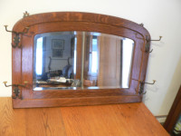 Antique Oak Beautiful Bevel Glass Wall Mirror with Hooks