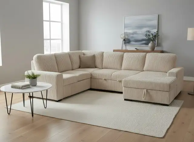 Beige Corduroy Sectional Sofa Bed