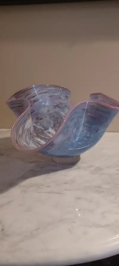 Large Handmade Art Glass Bowl with Ruffled Edges 7"Hx13"Across, View more