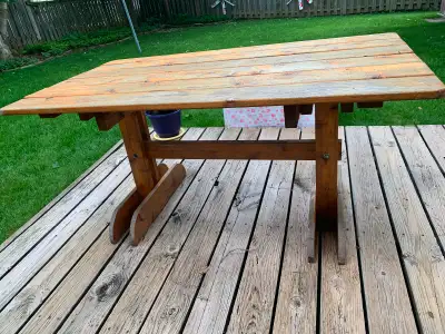 All cedar trestle handmade picnic table (5’ x 34” x 29 high). Can be disassembled for storage. $50....