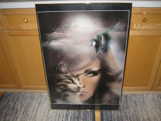 Girl Cat Bird Framed Airbrush Poster62854392441345121