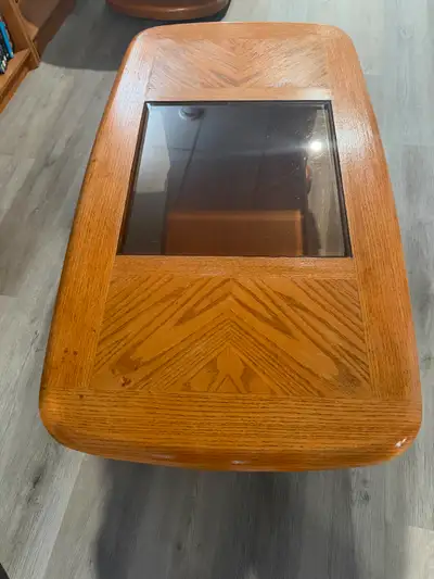 Used Coffee table size: 27" W X 48" L X 16" H glass in middle, one shelf, on wheels for easy moving