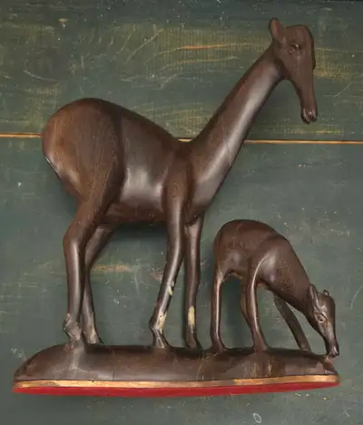 Beautiful vintage minimalist Teak figurine of mother deer with calf original wood carving 1960s Teak...