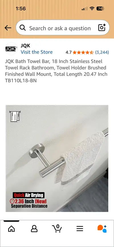 18” brushed nickel towel bar, View more