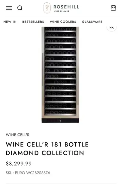 Holds 181 bottles. Pull out shelves. Temp controlled. Stainless steel. Has a lock and an alarm. Ligh...