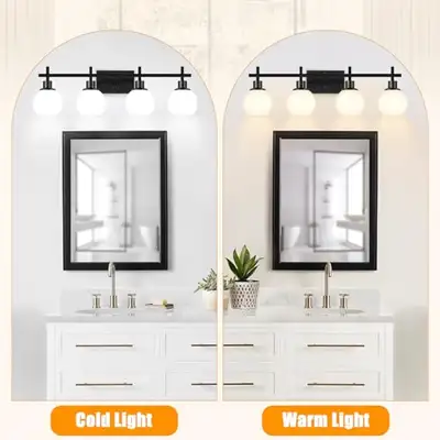 Modern 4-Light Vanity Light - Black Wall Mount with Milky White, View more
