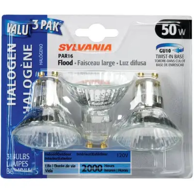 One left unopened packages of three (3) per package: Sylvania Halogen Flood PAR16 GU10 base 50W ligh...