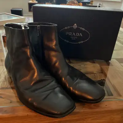 Prada Men’s Black Leather Boots, Size 12, View more