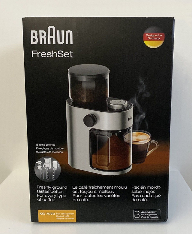 Braun 120V FreshSet Burr Coffee Grinder KG7070 BRAND NEW in Coffee Makers in Saint John
