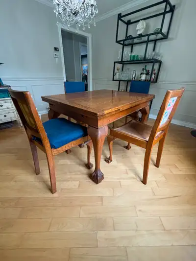 antique ball and claw oak dining table and chairs, View more