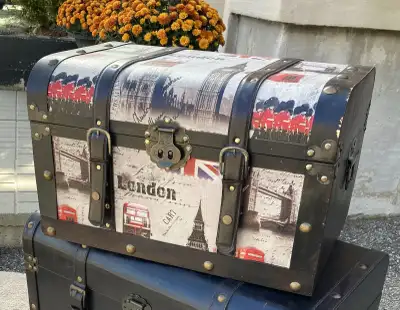 STORAGE TRUNK Wood & Faux Brown Leather British Theme, View more