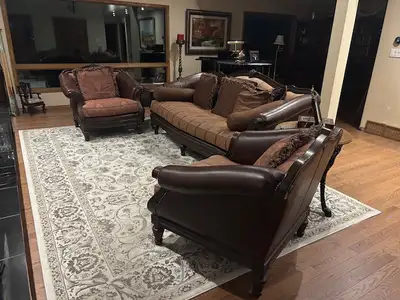 Thomasville Leather / Fabric / Wood Couch and Two Side Chairs, View more