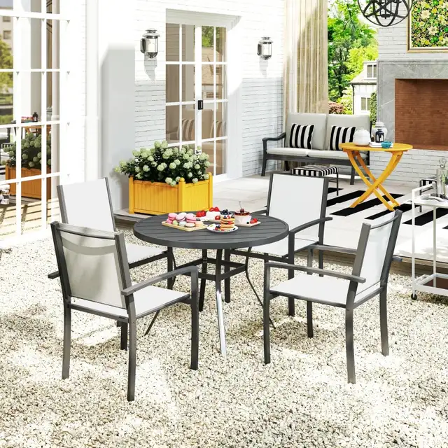 5 Piece Outdoor Dining Set with Round Table and 4 Stackable Chai in Patio & Garden Furniture in Markham / York Region - Image 11