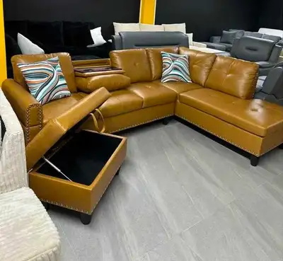 Cognac Leather U-Shape Sectional with Storage Chaise, Console, View more