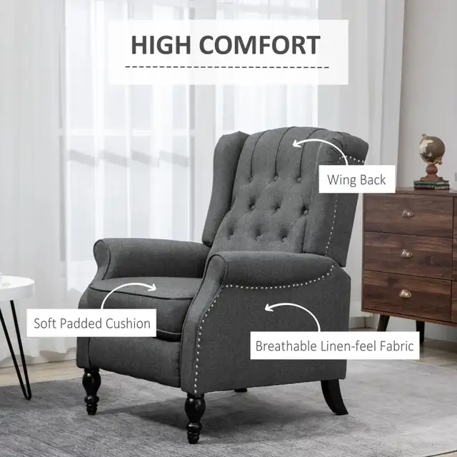Wingback Reclining Chair with Footrest, Button Tufted Recliner C in Chairs & Recliners in Markham / York Region - Image 5