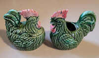 Vintage Rare Green Ceramic Rooster Creamer & Sugar Bowl Set