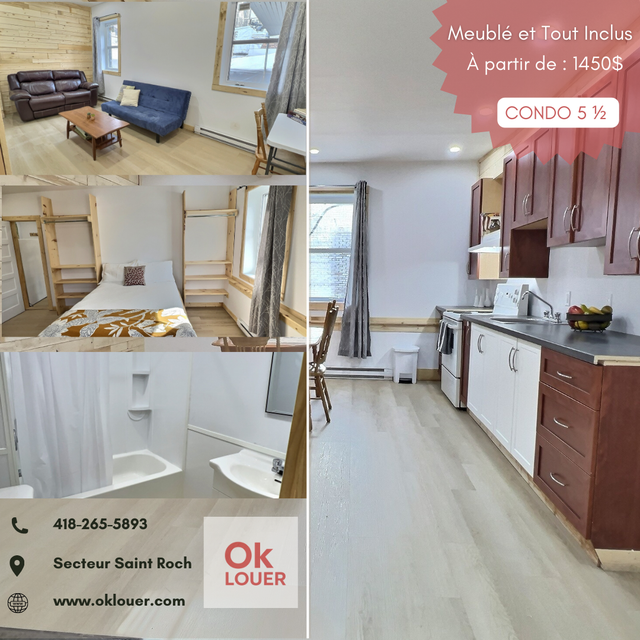 APPARTEMENT MEUBLÉ-TOUT INCLUS 3 CHAMBRES 5 1/2  -  CENTRE VILLE