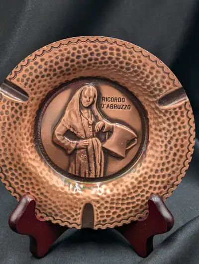 Vintage Ricordo D'Abruzzo Copper Ashtray "Woman with Basket", View more