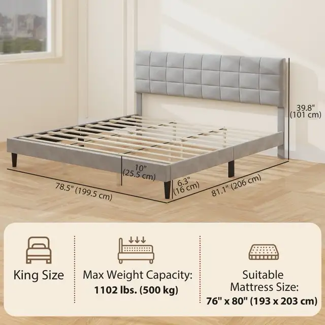 Modern King Size Bed Frame with Upholstered Headboard  in Beds & Mattresses in Markham / York Region - Image 4