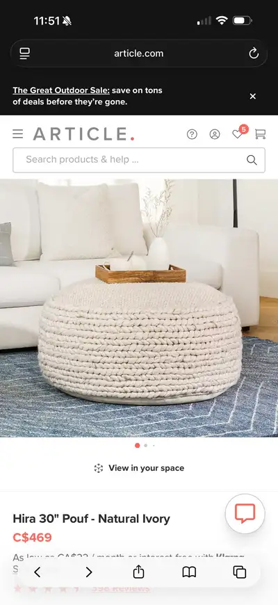 $80 OBO Article Hira Wool 30” Pouf, View more