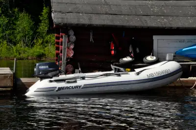 Boat only, motor not included. Always stored indoors. Two padded seats, launch wheels, oars.