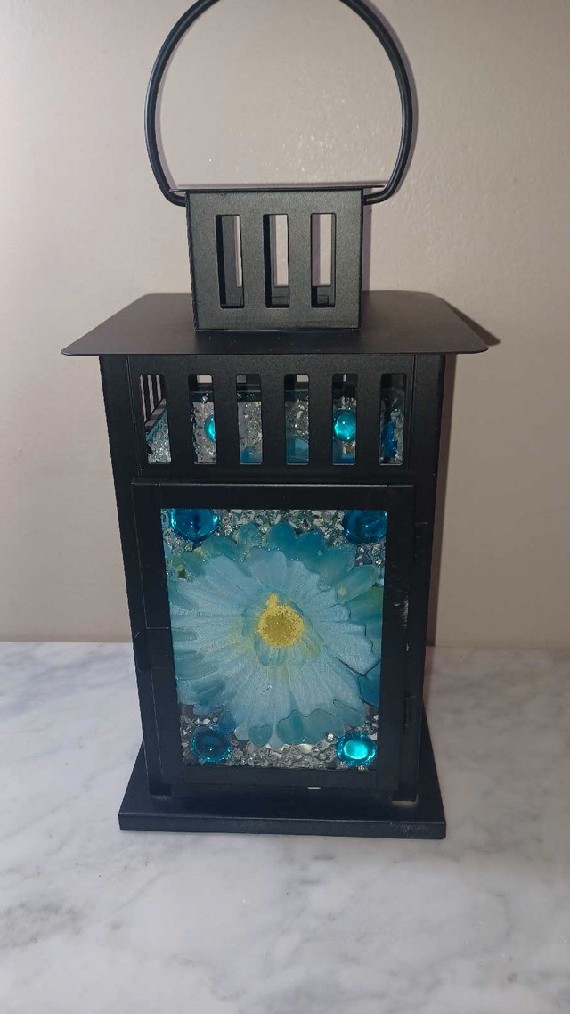 11"T Ikea Black Lantern w Blue Flowers & Glass Fairy lights incl in Home Décor & Accents in Calgary