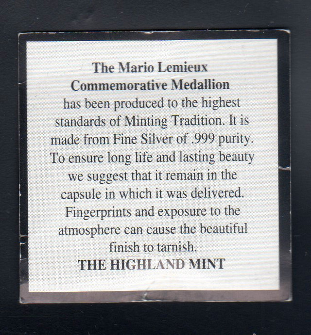 Mario Lemieux 1 Ounce .999 fine Silver Sport Round Highland Mint dans Art et objets de collection  à Thetford Mines - Image 4