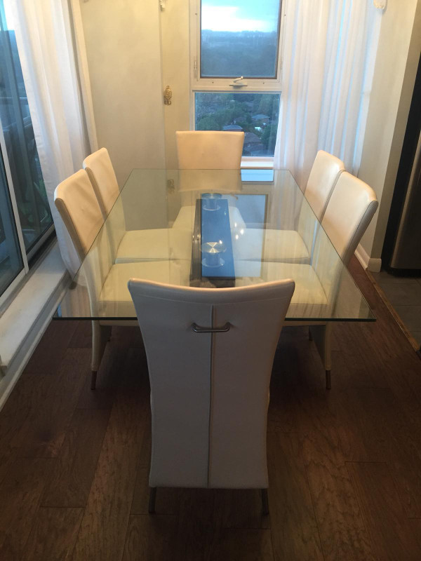 Glass table with 6 off white leather chairs in Dining Tables & Sets in City of Toronto - Image 2