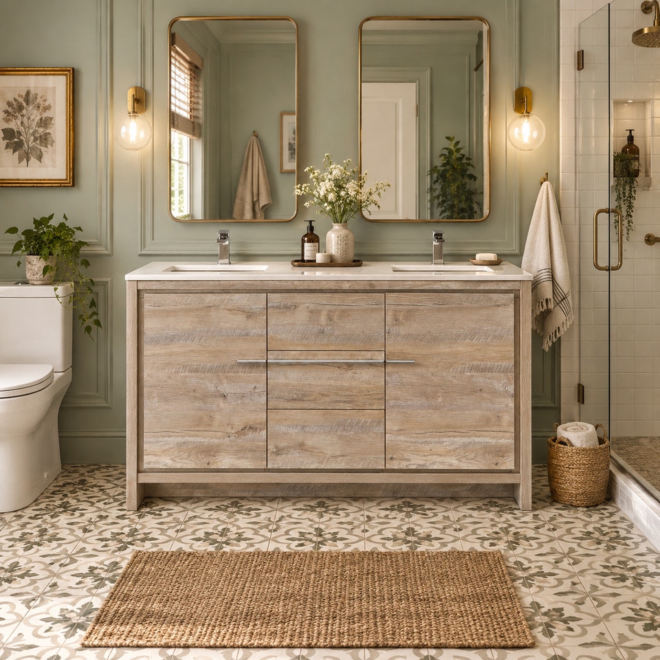 60′′ Double Sink Nature Wood Bathroom Vanity Quartz countertop ...