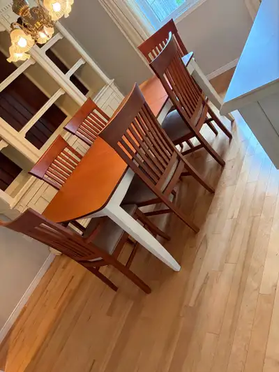 Wood dining room table, 6 chairs, removable leaf, View more