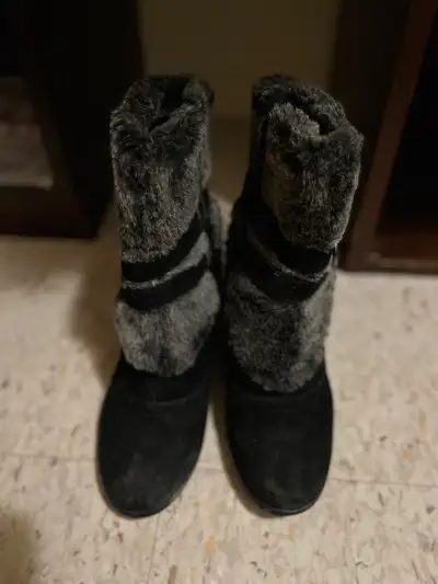 Black Suede Trimmed Heeled Boots Size 10, View more