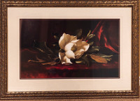 Large Gold Vintage Framed Dramatic White Flower Art 