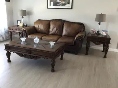 LEATHER COUCH AND TABLES FOR SALE, View more
