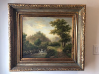  Oil painting with wooden golden thick frame. 