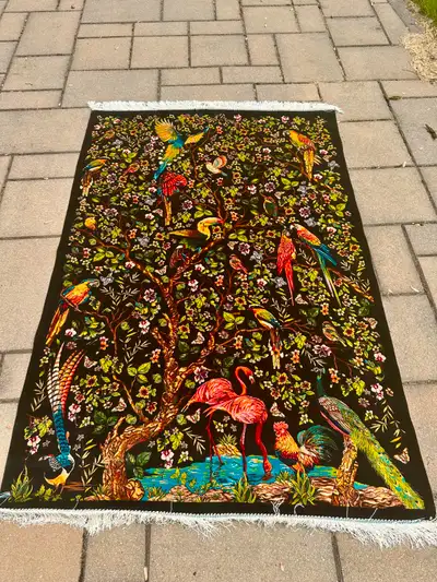 Authentic Persian Silk Rug 4x6 – Birds & Nature, Black Base, View more