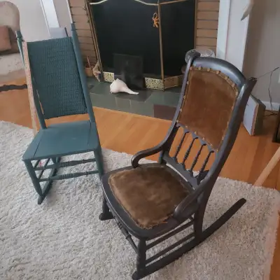 Two very interesting, small, antique / old rocking chairs, from an average and wealthier home. In ve...