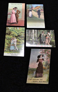 Five Vintage 1910 era Humorous Romantic Postcards