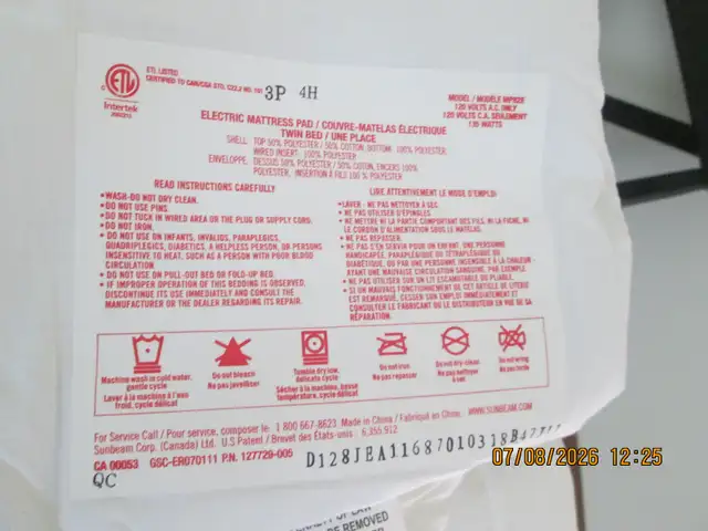 New,ELECTRIC MATTRESS PAD, TWIN BED 39"X75" in Beds & Mattresses in Kingston - Image 5